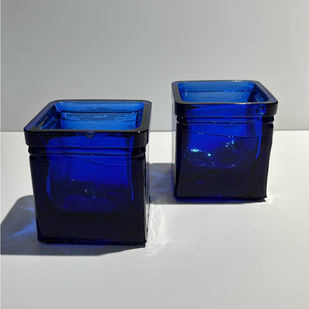 Cobalt Blue Glass Votive Candle Holders Hand Blown Spain Set of 2